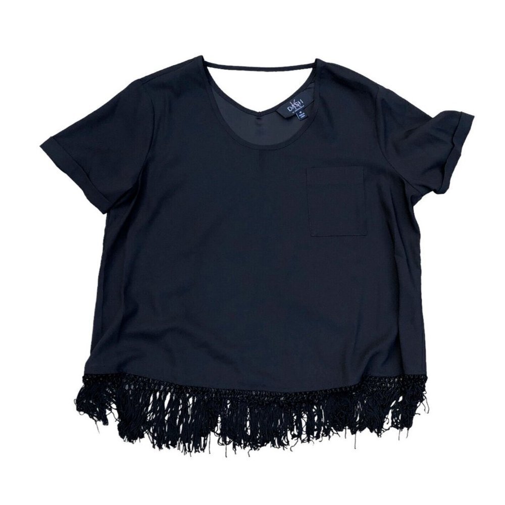 DASH BY KARDASHIAN Blouse Top Shirt Women's MEDIUM Black Tassel Scoop Neck​​​​